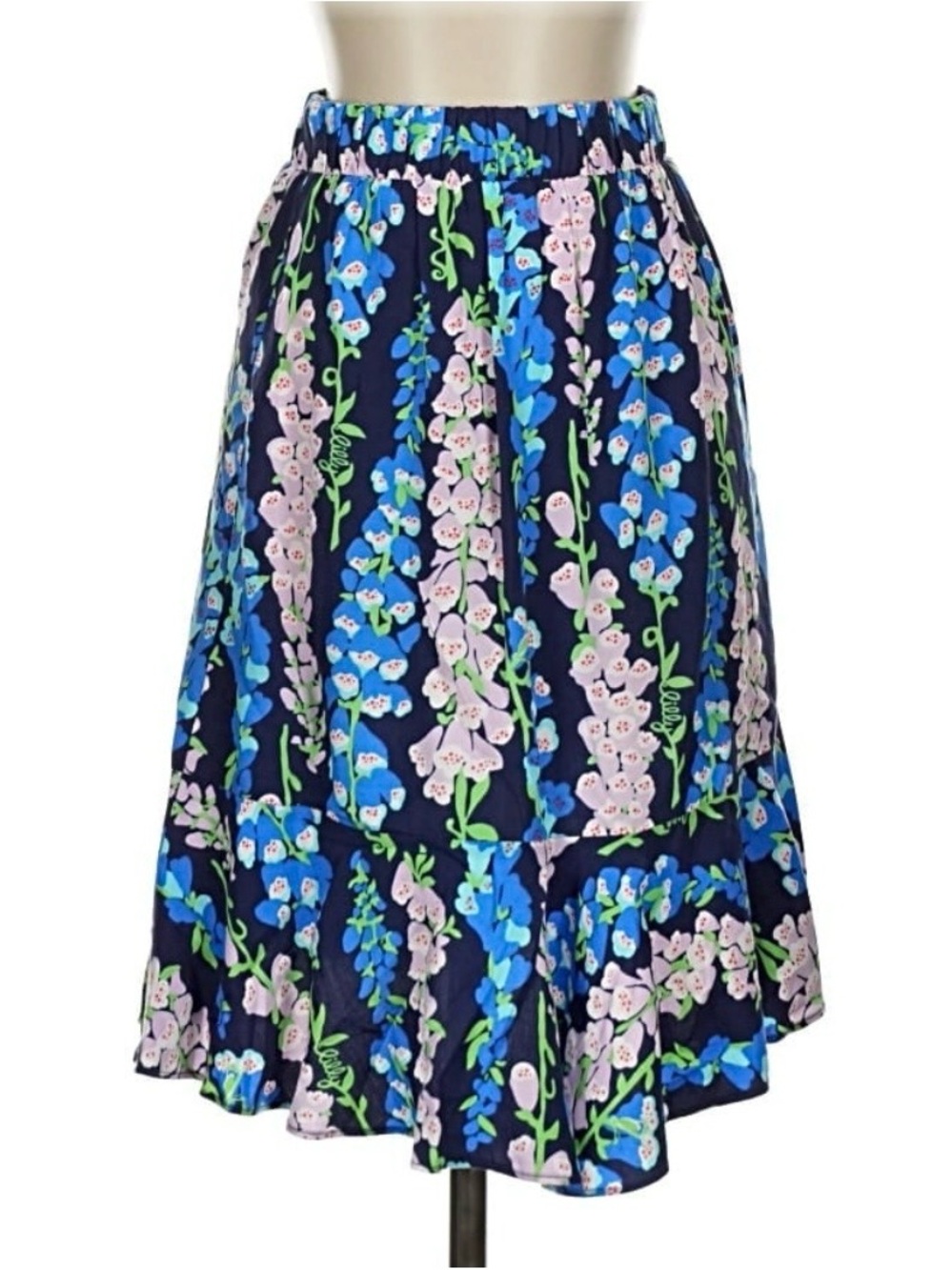 Lilly Pulitzer Navy Floral High-Low Skirt with Blue, Pink & Green Accents